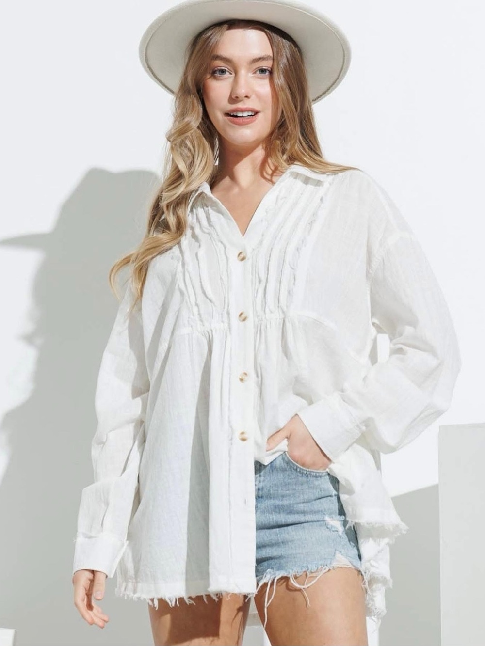 NWOT Blue B Retreat 100% White Cotton Button Down Raw Edge Tunic Shirt Sz Large